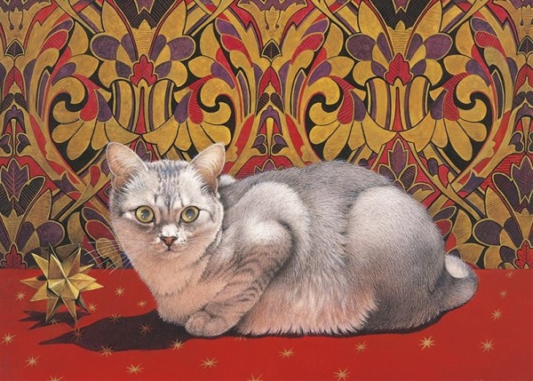Blank Card Mumu on a Christmas tablecloth